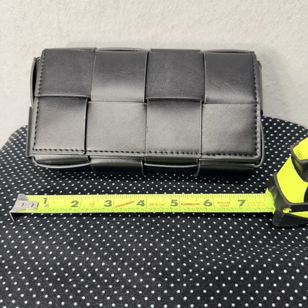 Black Woven Faux Leather Clutch Bag‎ Padded Weave Snap Closure Small Purse